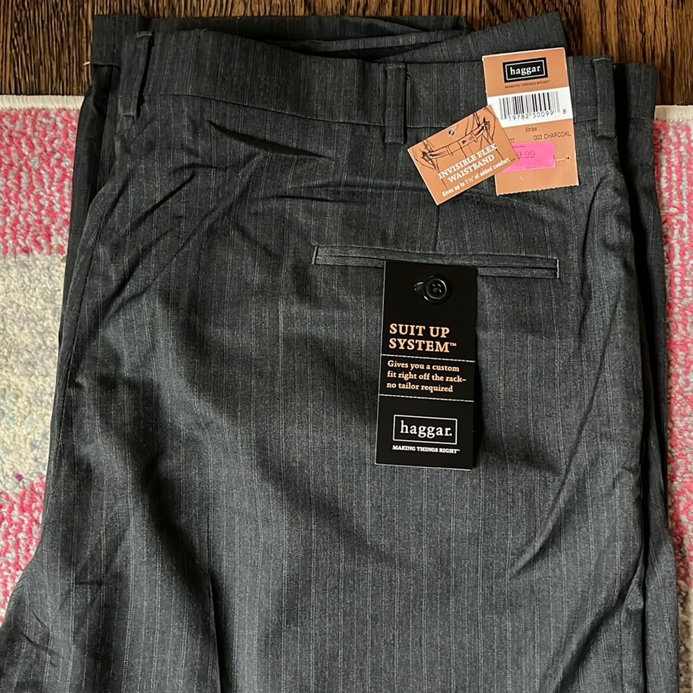 Men’s Big and Tall Dress Pants - Striped Charcoal with flex waist